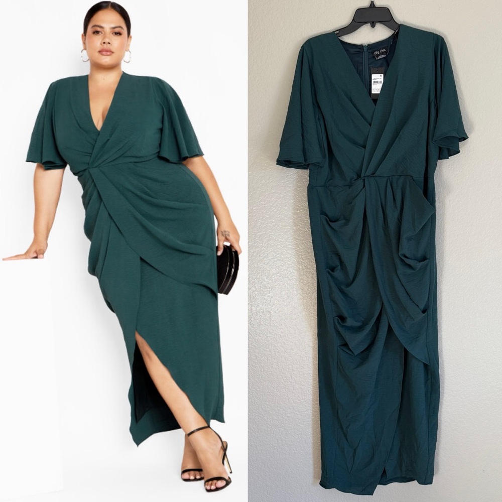 City Chic Deep Teal Draped V-Neck Maxi Dress